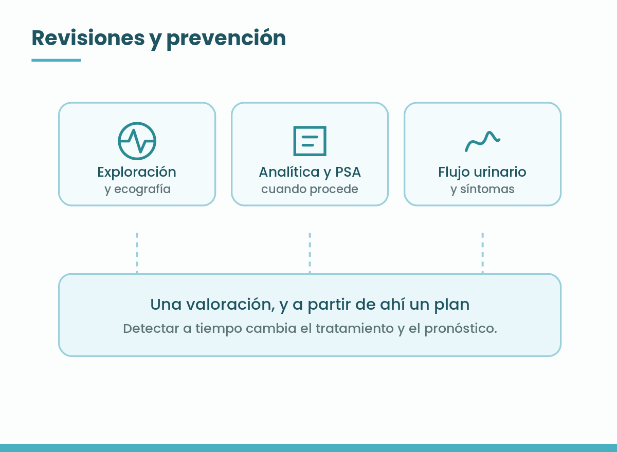 Esquema de una revisión urológica: exploración y ecografía, analítica con PSA y flujo urinario